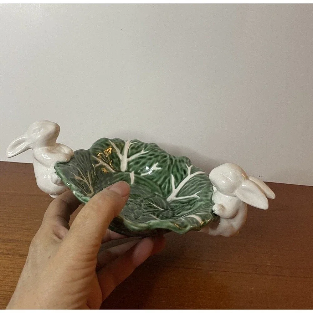 NEW- Maxcera, EASTER Bunny Rabbits Cabbage Green White Ceramic Candy Bowl Decor